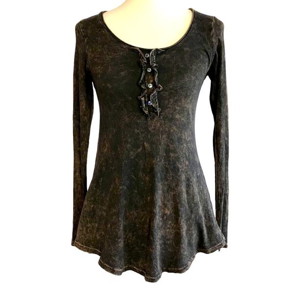 T Party Fashion Tops - T Party Brown Stone Wash Burnout Long Sleeve Scoop Neck Fitted Tee-Shirt Small